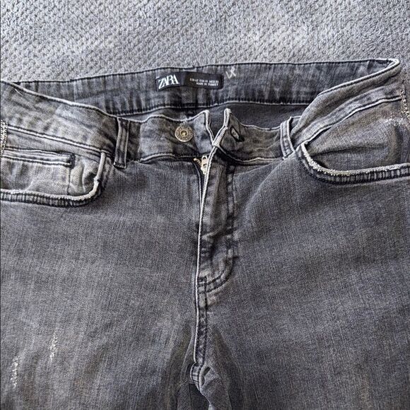 Zara High Rise Black Skinny Jeans Frayed Hem Rhinestone Side Trim Denim‎ Sz 10 - Picture 3 of 12